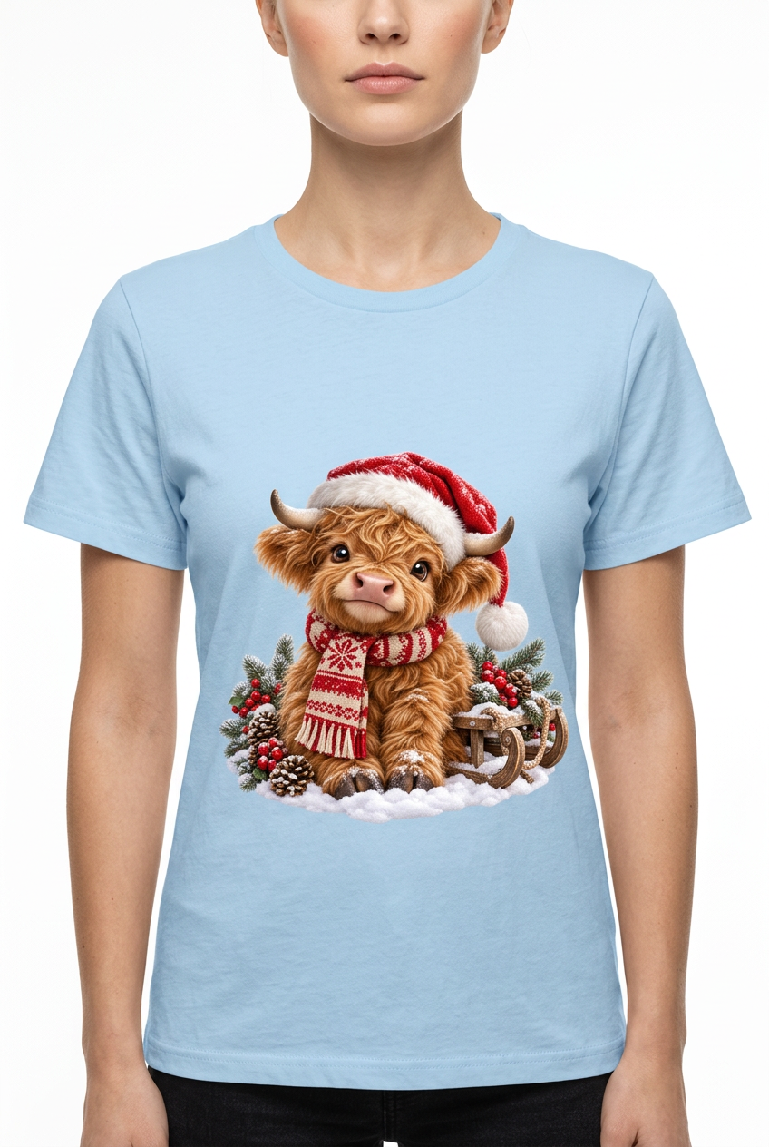 Christmas Highland Cow Baby Blue T-Shirt Female Model