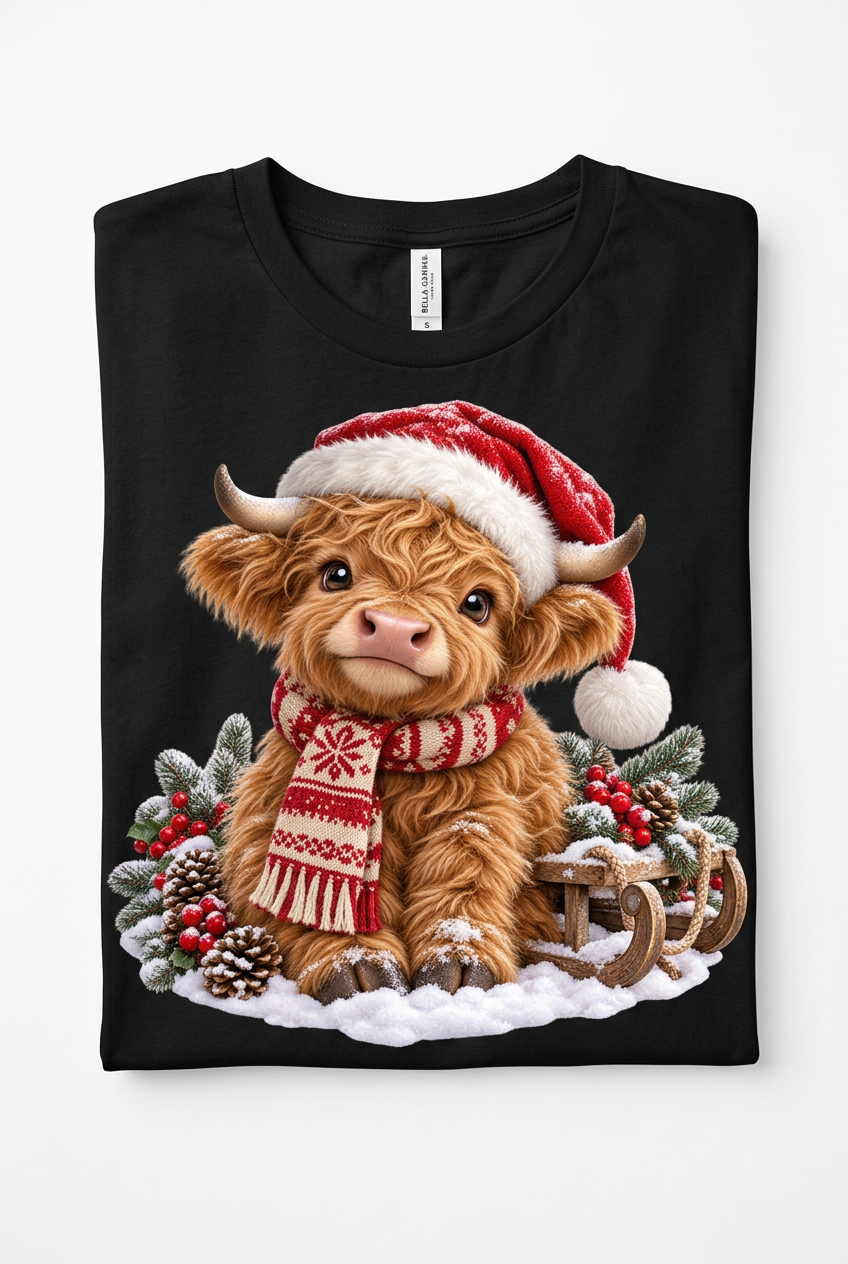 Christmas Highland Cow Folded Bella Canvas Black T-Shirt