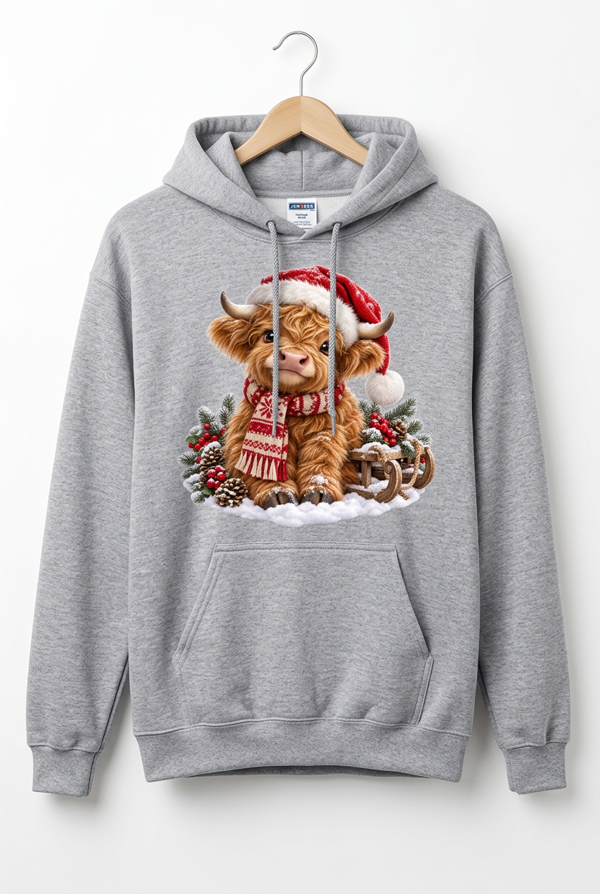 Christmas Highland Cow Hanging Athletic Heather Jerzees Hoodie