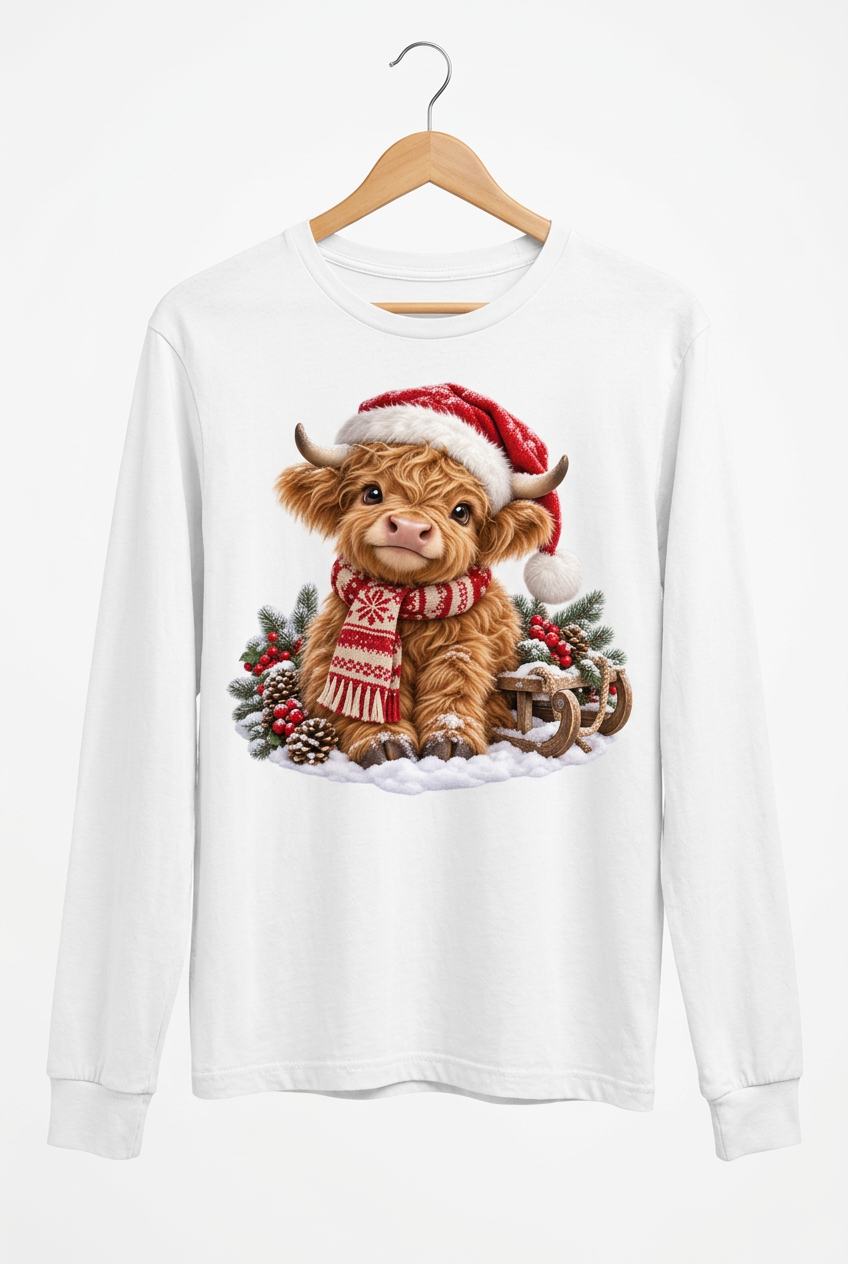 Christmas Highland Cow Hanging White Long Sleeve Shirt