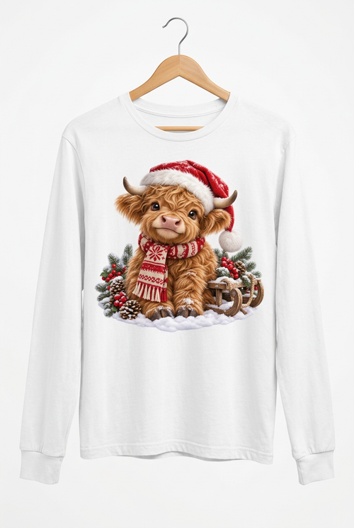 Christmas Highland Cow Hanging White Long Sleeve Shirt