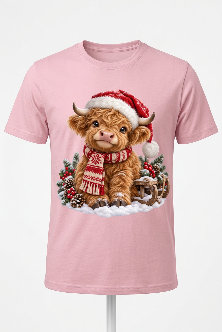 Christmas Highland Cow Pink T-Shirt Flat Lay