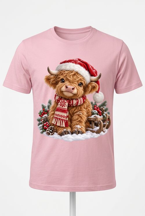 Christmas Highland Cow Pink T-Shirt Flat Lay