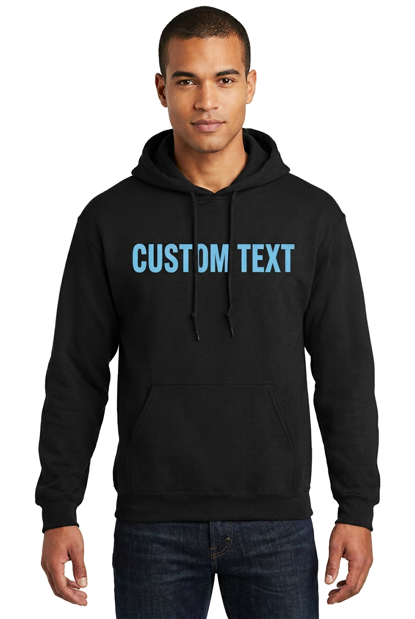 Custom Text Black Jerzees Hoodie Male Model Plain Sleeves