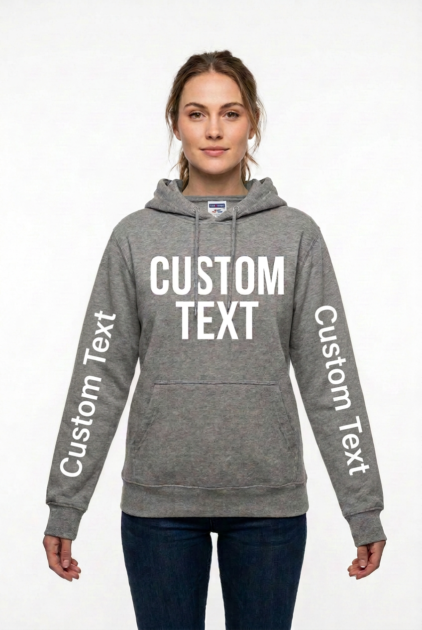 Custom Text Grey Jerzees Hoodie Female Model Single Sleeve Text