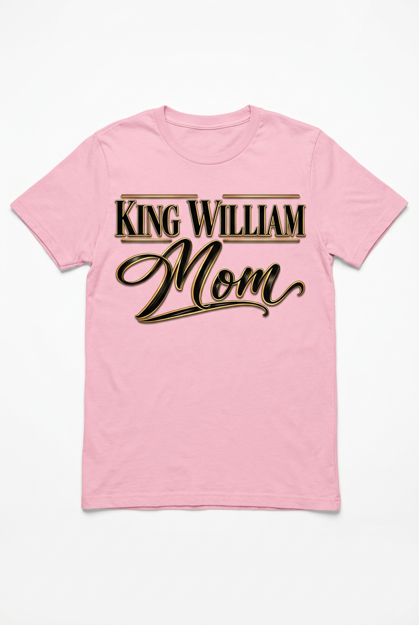 King William Mom Gold Emblem Pink T-Shirt Flat Lay