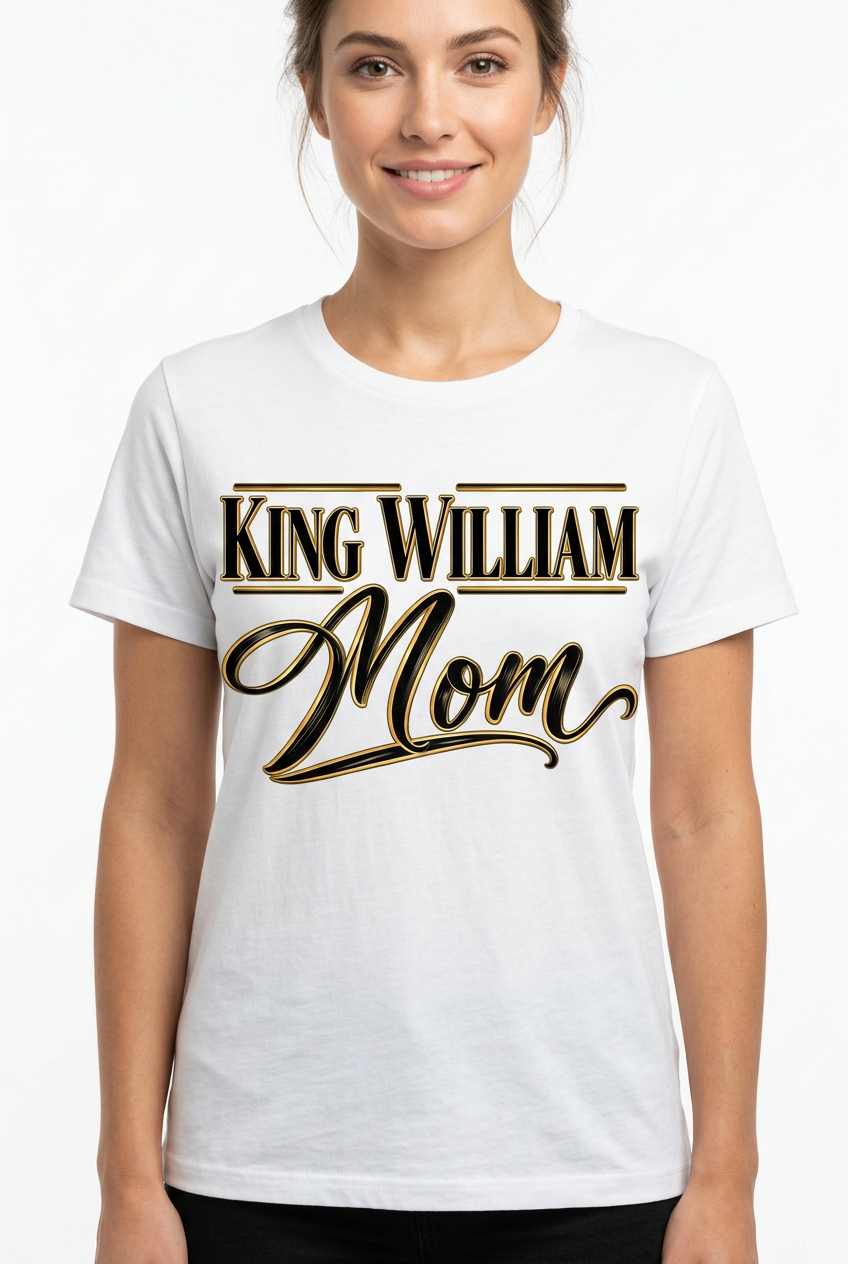 King William Mom Gold Emblem White T-Shirt Model Photo