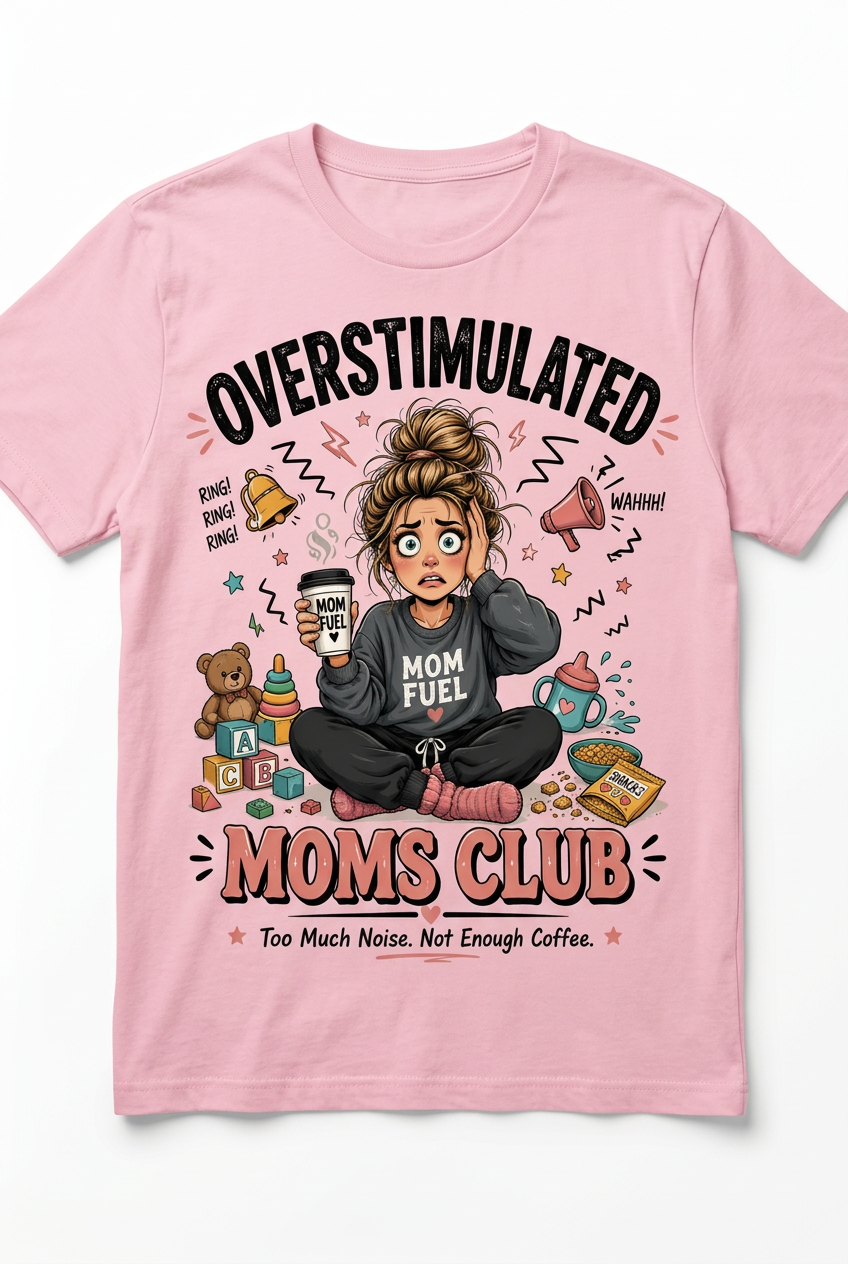Overstimulated Moms Club Pink T-Shirt Flat Lay