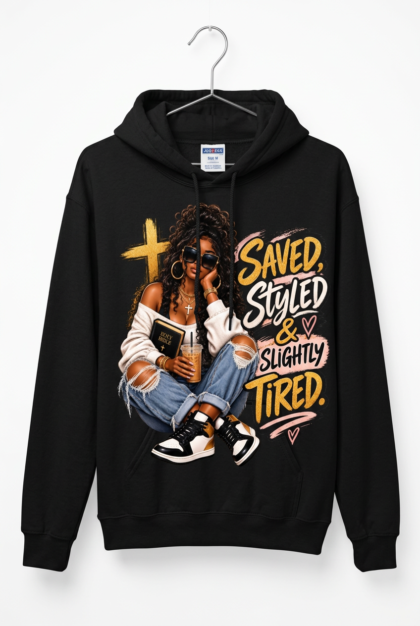 Saved Styled & Slightly Tired Hanging Black Jerzees Hoodie
