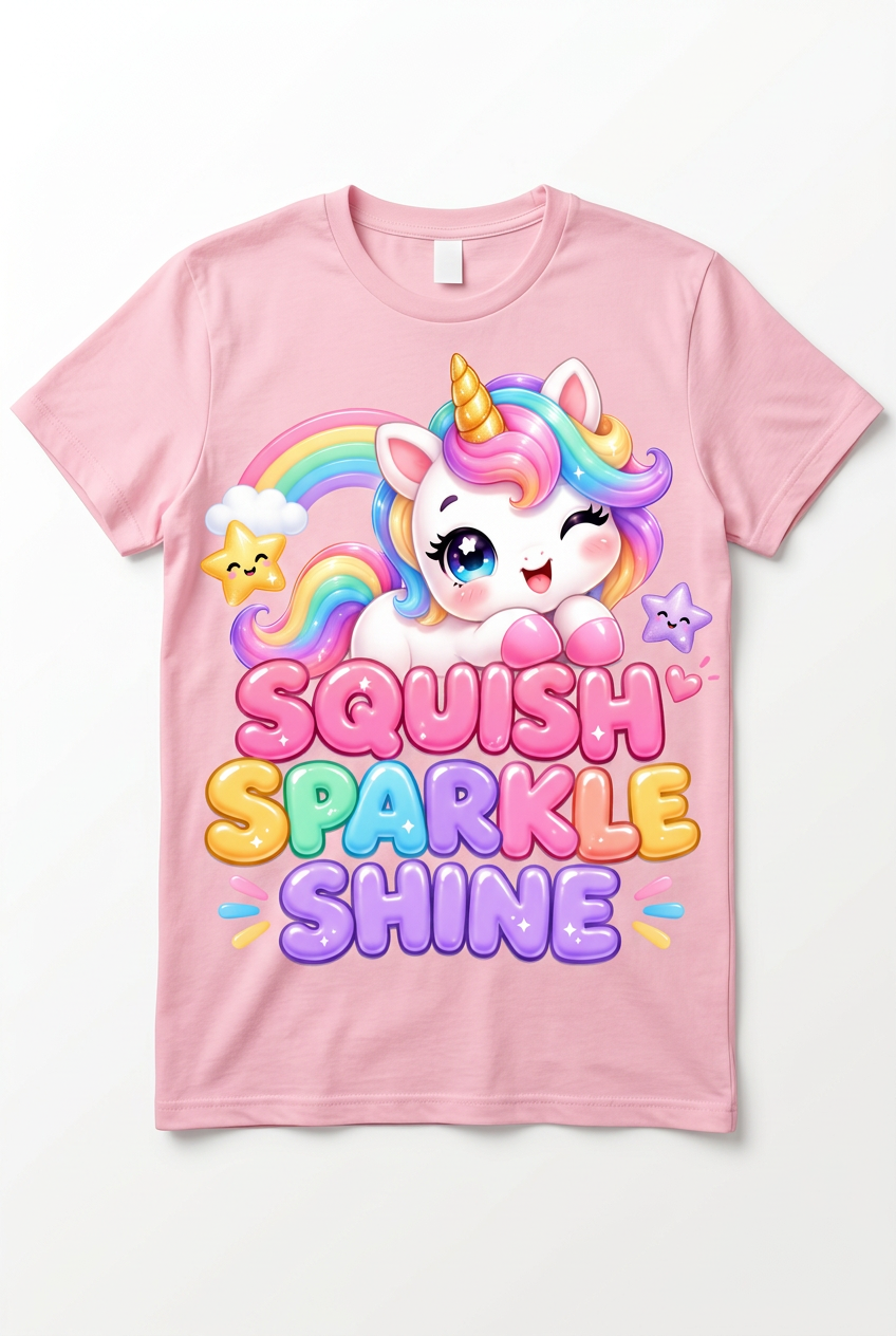 Squish Sparkle Shine Pink T-Shirt Flat Lay