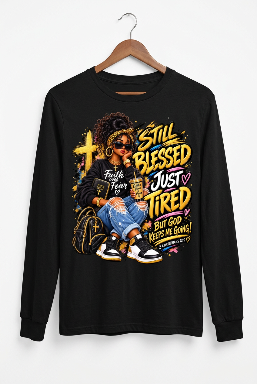 Still Blessed Just Tired Hanging Black Long Sleeve Shirt