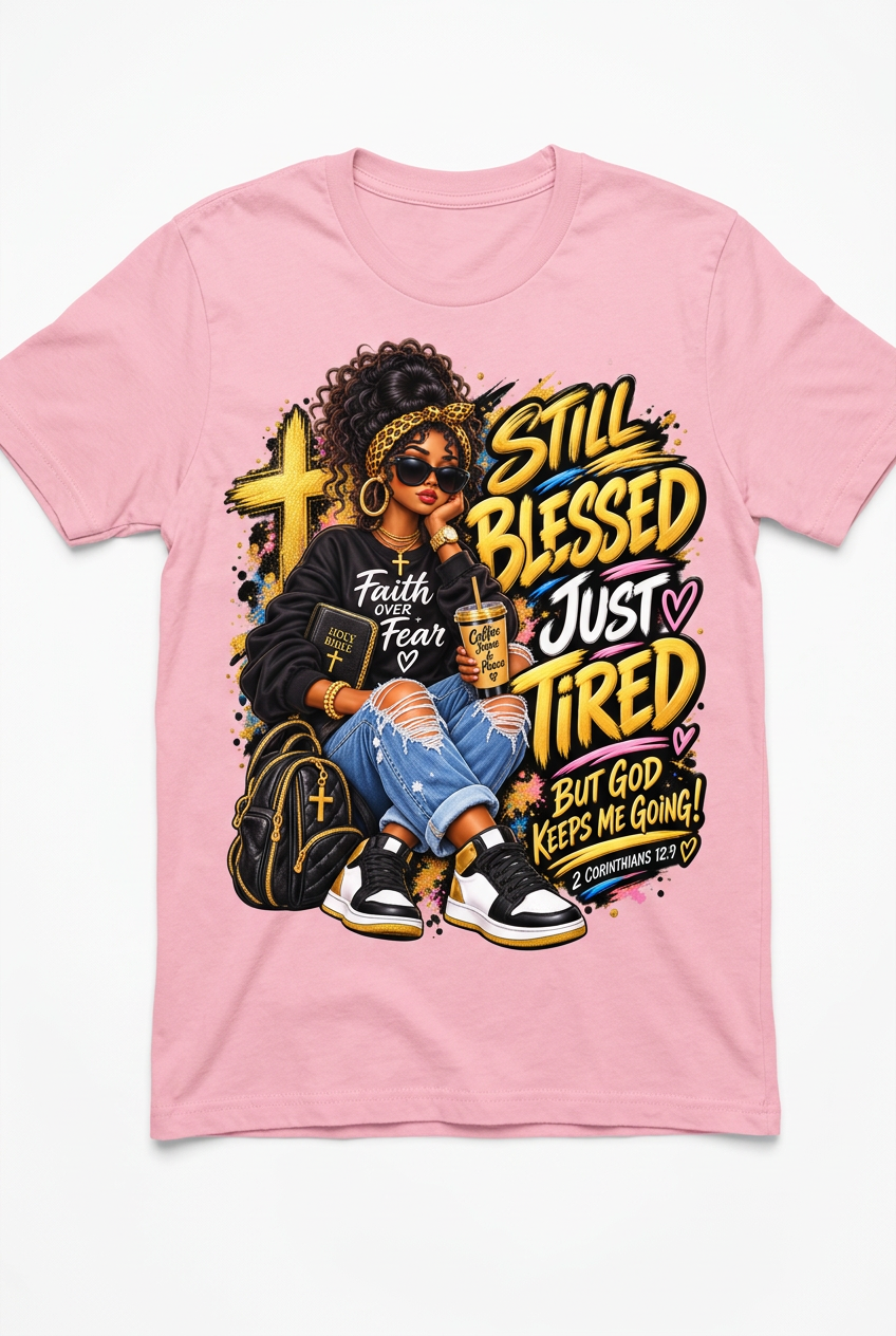 Still Blessed Just Tired Pink T-Shirt Flat Lay