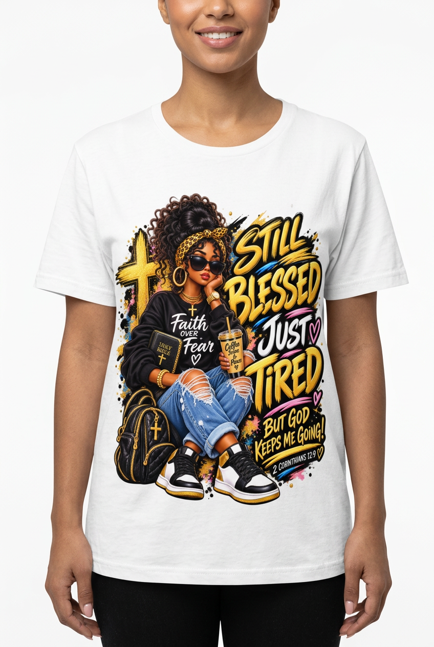 Still Blessed Just Tired White T-Shirt Female Model